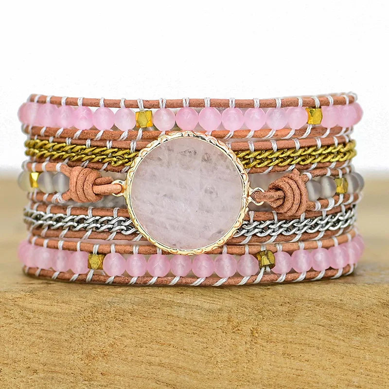 💞 Boho Läderarmband med Rosenkvarts