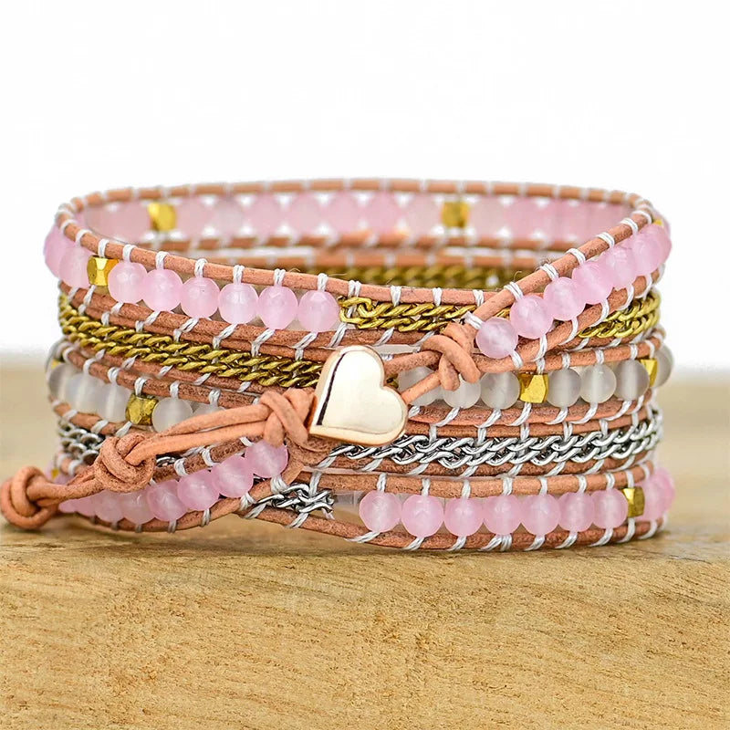 💞 Boho Läderarmband med Rosenkvarts